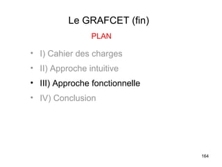 Le GRAFCET (fin)
                PLAN

• I) Cahier des charges
• II) Approche intuitive
• III) Approche fonctionnelle
• IV) Conclusion




                                164
 