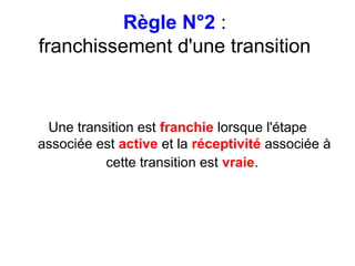 Règle N°2 :
franchissement d'une transition



 Une transition est franchie lorsque l'étape
associée est active et la réceptivité associée à
          cette transition est vraie.
 