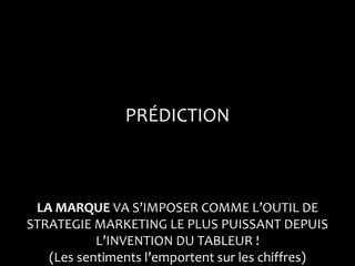 PRÉDICTION



 LA MARQUE VA S’IMPOSER COMME L’OUTIL DE
STRATEGIE MARKETING LE PLUS PUISSANT DEPUIS
           L’INVENTION DU TABLEUR !
   (Les sentiments l’emportent sur les chiffres)
 