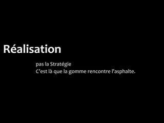 Réalisation
      pas la Stratégie
      C’est là que la gomme rencontre l’asphalte.
 