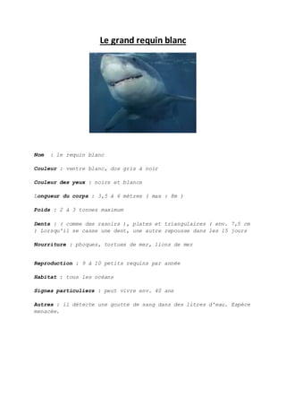 Le grand requin blanc

Nom

: le requin blanc

Couleur : ventre blanc, dos gris à noir
Couleur des yeux : noirs et blancs
Longueur du corps : 3,5 à 6 mètres ( max : 8m )
Poids : 2 à 3 tonnes maximum
Dents : ( comme des rasoirs ), plates et triangulaires ( env. 7,5 cm
) Lorsqu'il se casse une dent, une autre repousse dans les 15 jours
Nourriture : phoques, tortues de mer, lions de mer
Reproduction : 9 à 10 petits requins par année
Habitat : tous les océans
Signes particuliers : peut vivre env. 40 ans
Autres : il détecte une goutte de sang dans des litres d'eau. Espèce
menacée.

 