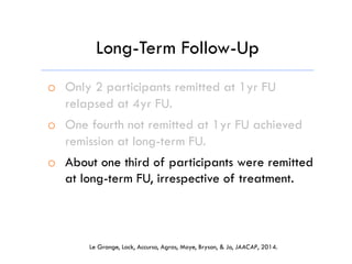 o  Only 2 participants remitted at 1yr FU
relapsed at 4yr FU.
o  One fourth not remitted at 1yr FU achieved
remission at long-term FU.
o  About one third of participants were remitted
at long-term FU, irrespective of treatment.
Long-Term Follow-Up
Le Grange, Lock, Accurso, Agras, Moye, Bryson, & Jo, JAACAP, 2014.
 