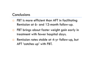 Conclusions
o  FBT is more efficient than AFT in facilitating
Remission at 6- and 12-month follow-up.
o  FBT brings about faster weight gain early in
treatment with fewer hospital days.
o  Remission rates stable at 4-yr follow-up, but
AFT ‘catches up’ with FBT.
 
