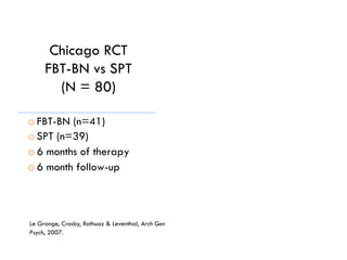 51
Chicago RCT
FBT-BN vs SPT
(N = 80)
o FBT-BN (n=41)
o SPT (n=39)
o 6 months of therapy
o 6 month follow-up
Le Grange, Crosby, Rathuaz & Leventhal, Arch Gen
Psych, 2007.
 