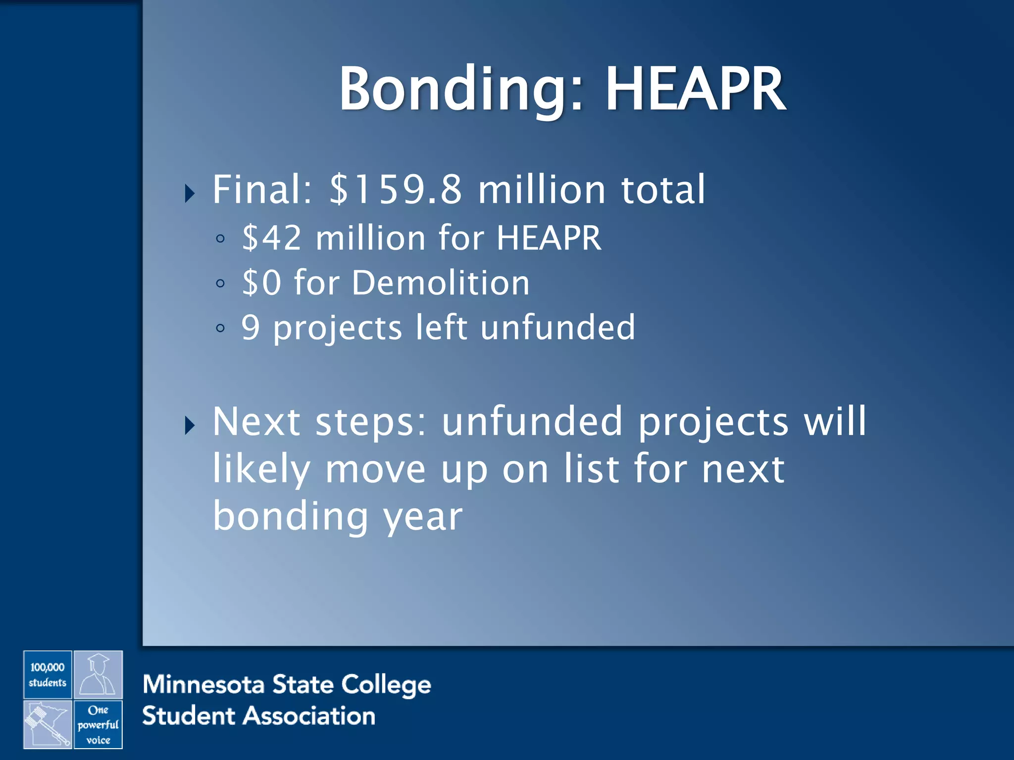  Final: $159.8 million total
◦ $42 million for HEAPR
◦ $0 for Demolition
◦ 9 projects left unfunded
 Next steps: unfunded projects will
likely move up on list for next
bonding year
Bonding: HEAPR
 