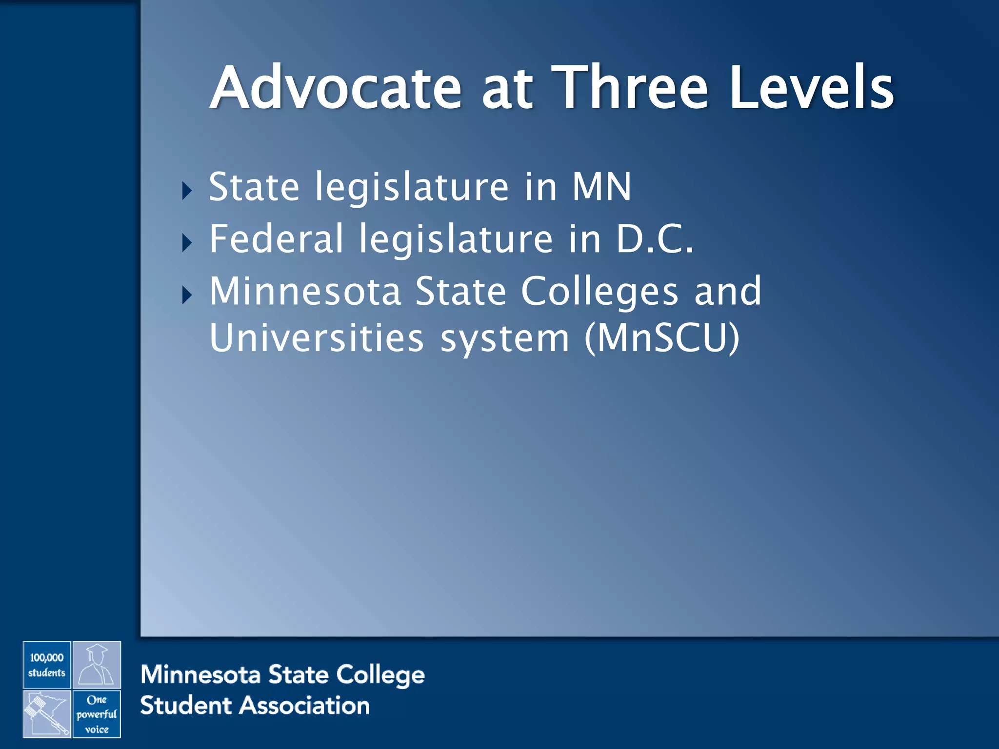  State legislature in MN
 Federal legislature in D.C.
 Minnesota State Colleges and
Universities system (MnSCU)
Advocate at Three Levels
 