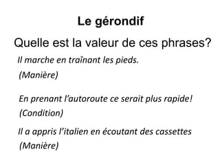 Il marche en traînant les pieds.
En prenant l’autoroute ce serait plus rapide!
Il a appris l’italien en écoutant des cassettes
Quelle est la valeur de ces phrases?
Le gérondif
(Manière)
(Condition)
(Manière)
 