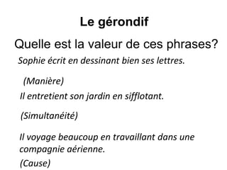 Sophie écrit en dessinant bien ses lettres.
Il entretient son jardin en sifflotant.
Quelle est la valeur de ces phrases?
Le gérondif
(Cause)
(Simultanéité)
Il voyage beaucoup en travaillant dans une
compagnie aérienne.
(Manière)
 