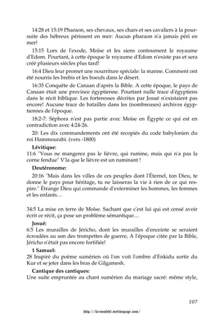 14:28 et 15:19 Pharaon, ses chevaux, ses chars et ses cavaliers à la pour-
suite des hébreux périssent en mer: Aucun pharaon n'a jamais péri en
mer!
   15:15 Lors de l'exode, Moïse et les siens contournent le royaume
d'Edom. Pourtant, à cette époque le royaume d'Edom n'existe pas et sera
créé plusieurs siècles plus tard!
   16:4 Dieu leur promet une nourriture spéciale: la manne. Comment ont
été nourris les brebis et les boeufs dans le désert.
   16:35 Conquête de Canaan d'après la Bible. A cette époque, le pays de
Canaan était une province égyptienne. Pourtant nulle trace d'égyptiens
dans le récit biblique. Les forteresses décrites par Josué n'existaient pas
encore! Aucune trace de batailles dans les (nombreuses) archives égyp-
tiennes de l'époque.
   18:2-7: Séphora n'est pas partie avec Moïse en Égypte ce qui est en
contradiction avec 4:24-26.
   20: Les dix commandements ont été recopiés du code babylonien du
roi Hammourabi. (vers -1800)
   Lévitique:
11:6 "Vous ne mangerez pas le lièvre, qui rumine, mais qui n'a pas la
corne fendue" V'la que le lièvre est un ruminant !
   Deutéronome:
   20:16 "Mais dans les villes de ces peuples dont l'Éternel, ton Dieu, te
donne le pays pour héritage, tu ne laisseras la vie à rien de ce qui res-
pire." Étrange Dieu qui commande d'exterminer les hommes, les femmes
et les enfants…

34:5 La mise en terre de Moïse. Sachant que c'est lui qui est censé avoir
écrit ce récit, ça pose un problème sémantique…
   Josué:
6:5 Les murailles de Jéricho, dont les murailles d'enceinte se seraient
écroulées au son des trompettes de guerre, A l'époque citée par la Bible,
Jéricho n'était pas encore fortifiée!
   1 Samuel:
28 Inspiré du poème sumérien où l'on voit l'ombre d'Enkidu sortir du
Kur et se jeter dans les bras de Gilgamesh.
   Cantique des cantiques:
Une suite empruntée au chant sumérien du mariage sacré: même style,



                                                                         107

                         http://krimo666.mylivepage.com/
 