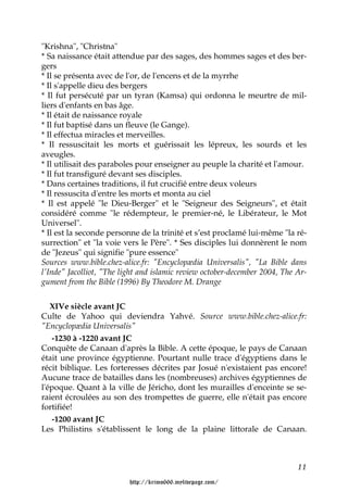 "Krishna", "Christna"
* Sa naissance était attendue par des sages, des hommes sages et des ber-
gers
* Il se présenta avec de l'or, de l'encens et de la myrrhe
* Il s'appelle dieu des bergers
* Il fut persécuté par un tyran (Kamsa) qui ordonna le meurtre de mil-
liers d'enfants en bas âge.
* Il était de naissance royale
* Il fut baptisé dans un fleuve (le Gange).
* Il effectua miracles et merveilles.
* Il ressuscitait les morts et guérissait les lépreux, les sourds et les
aveugles.
* Il utilisait des paraboles pour enseigner au peuple la charité et l'amour.
* Il fut transfiguré devant ses disciples.
* Dans certaines traditions, il fut crucifié entre deux voleurs
* Il ressuscita d'entre les morts et monta au ciel
* Il est appelé "le Dieu-Berger" et le "Seigneur des Seigneurs", et était
considéré comme "le rédempteur, le premier-né, le Libérateur, le Mot
Universel".
* Il est la seconde personne de la trinité et s’est proclamé lui-même "la ré-
surrection" et "la voie vers le Père". * Ses disciples lui donnèrent le nom
de "Jezeus" qui signifie "pure essence"
Sources www.bible.chez-alice.fr: "Encyclopædia Universalis", "La Bible dans
l'Inde" Jacolliot, "The light and islamic review october-december 2004, The Ar-
gument from the Bible (1996) By Theodore M. Drange


   XIVe siècle avant JC
Culte de Yahoo qui deviendra Yahvé. Source www.bible.chez-alice.fr:
"Encyclopædia Universalis"
   -1230 à -1220 avant JC
Conquête de Canaan d'après la Bible. A cette époque, le pays de Canaan
était une province égyptienne. Pourtant nulle trace d'égyptiens dans le
récit biblique. Les forteresses décrites par Josué n'existaient pas encore!
Aucune trace de batailles dans les (nombreuses) archives égyptiennes de
l'époque. Quant à la ville de Jéricho, dont les murailles d'enceinte se se-
raient écroulées au son des trompettes de guerre, elle n'était pas encore
fortifiée!
   -1200 avant JC
Les Philistins s'établissent le long de la plaine littorale de Canaan.



                                                                            11

                          http://krimo666.mylivepage.com/
 