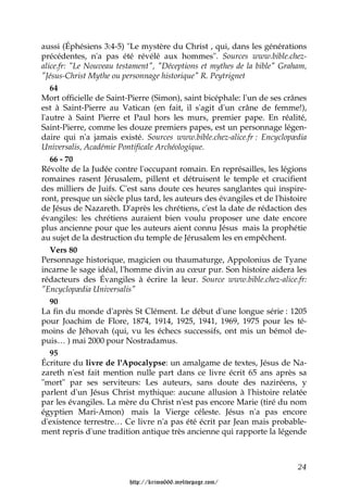 aussi (Éphésiens 3:4-5) "Le mystère du Christ , qui, dans les générations
précédentes, n'a pas été révélé aux hommes". Sources www.bible.chez-
alice.fr: "Le Nouveau testament", "Déceptions et mythes de la bible" Graham,
"Jésus-Christ Mythe ou personnage historique" R. Peytrignet
   64
Mort officielle de Saint-Pierre (Simon), saint bicéphale: l'un de ses crânes
est à Saint-Pierre au Vatican (en fait, il s'agit d'un crâne de femme!),
l'autre à Saint Pierre et Paul hors les murs, premier pape. En réalité,
Saint-Pierre, comme les douze premiers papes, est un personnage légen-
daire qui n'a jamais existé. Sources www.bible.chez-alice.fr : Encyclopædia
Universalis, Académie Pontificale Archéologique.
   66 - 70
Révolte de la Judée contre l'occupant romain. En représailles, les légions
romaines rasent Jérusalem, pillent et détruisent le temple et crucifient
des milliers de Juifs. C'est sans doute ces heures sanglantes qui inspire-
ront, presque un siècle plus tard, les auteurs des évangiles et de l'histoire
de Jésus de Nazareth. D'après les chrétiens, c'est la date de rédaction des
évangiles: les chrétiens auraient bien voulu proposer une date encore
plus ancienne pour que les auteurs aient connu Jésus mais la prophétie
au sujet de la destruction du temple de Jérusalem les en empêchent.
   Vers 80
Personnage historique, magicien ou thaumaturge, Appolonius de Tyane
incarne le sage idéal, l'homme divin au cœur pur. Son histoire aidera les
rédacteurs des Évangiles à écrire la leur. Source www.bible.chez-alice.fr:
"Encyclopædia Universalis"
   90
La fin du monde d'après St Clément. Le début d'une longue série : 1205
pour Joachim de Flore, 1874, 1914, 1925, 1941, 1969, 1975 pour les té-
moins de Jéhovah (qui, vu les échecs successifs, ont mis un bémol de-
puis… ) mai 2000 pour Nostradamus.
   95
Écriture du livre de l'Apocalypse: un amalgame de textes, Jésus de Na-
zareth n'est fait mention nulle part dans ce livre écrit 65 ans après sa
"mort" par ses serviteurs: Les auteurs, sans doute des naziréens, y
parlent d'un Jésus Christ mythique: aucune allusion à l'histoire relatée
par les évangiles. La mère du Christ n'est pas encore Marie (tiré du nom
égyptien Mari-Amon) mais la Vierge céleste. Jésus n'a pas encore
d'existence terrestre… Ce livre n'a pas été écrit par Jean mais probable-
ment repris d'une tradition antique très ancienne qui rapporte la légende



                                                                          24

                         http://krimo666.mylivepage.com/
 