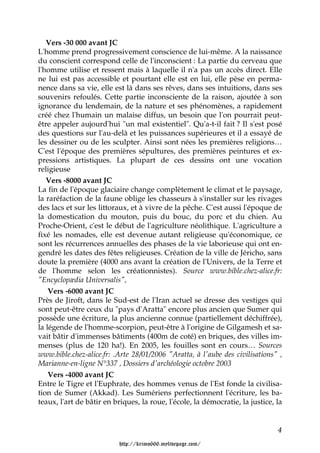 Vers -30 000 avant JC
L'homme prend progressivement conscience de lui-même. A la naissance
du conscient correspond celle de l'inconscient : La partie du cerveau que
l'homme utilise et ressent mais à laquelle il n'a pas un accès direct. Elle
ne lui est pas accessible et pourtant elle est en lui, elle pèse en perma-
nence dans sa vie, elle est là dans ses rêves, dans ses intuitions, dans ses
souvenirs refoulés. Cette partie inconsciente de la raison, ajoutée à son
ignorance du lendemain, de la nature et ses phénomènes, a rapidement
créé chez l'humain un malaise diffus, un besoin que l'on pourrait peut-
être appeler aujourd'hui "un mal existentiel". Qu'a-t-il fait ? Il s'est posé
des questions sur l'au-delà et les puissances supérieures et il a essayé de
les dessiner ou de les sculpter. Ainsi sont nées les premières religions…
C'est l'époque des premières sépultures, des premières peintures et ex-
pressions artistiques. La plupart de ces dessins ont une vocation
religieuse
   Vers -8000 avant JC
La fin de l'époque glaciaire change complètement le climat et le paysage,
la raréfaction de la faune oblige les chasseurs à s'installer sur les rivages
des lacs et sur les littoraux, et à vivre de la pêche. C'est aussi l'époque de
la domestication du mouton, puis du bouc, du porc et du chien. Au
Proche-Orient, c'est le début de l'agriculture néolithique. L'agriculture a
fixé les nomades, elle est devenue autant religieuse qu'économique, ce
sont les récurrences annuelles des phases de la vie laborieuse qui ont en-
gendré les dates des fêtes religieuses. Création de la ville de Jéricho, sans
doute la première (4000 ans avant la création de l'Univers, de la Terre et
de l'homme selon les créationnistes). Source www.bible.chez-alice.fr:
"Encyclopædia Universalis",
    Vers -6000 avant JC
Près de Jiroft, dans le Sud-est de l'Iran actuel se dresse des vestiges qui
sont peut-être ceux du "pays d'Aratta" encore plus ancien que Sumer qui
possède une écriture, la plus ancienne connue (partiellement déchiffrée),
la légende de l'homme-scorpion, peut-être à l'origine de Gilgamesh et sa-
vait bâtir d'immenses bâtiments (400m de coté) en briques, des villes im-
menses (plus de 120 ha!). En 2005, les fouilles sont en cours… Sources
www.bible.chez-alice.fr: .Arte 28/01/2006 "Aratta, à l'aube des civilisations" ,
Marianne-en-ligne N°337 , Dossiers d'archéologie octobre 2003
    Vers -4000 avant JC
Entre le Tigre et l'Euphrate, des hommes venus de l'Est fonde la civilisa-
tion de Sumer (Akkad). Les Sumériens perfectionnent l'écriture, les ba-
teaux, l'art de bâtir en briques, la roue, l'école, la démocratie, la justice, la


                                                                               4

                          http://krimo666.mylivepage.com/
 