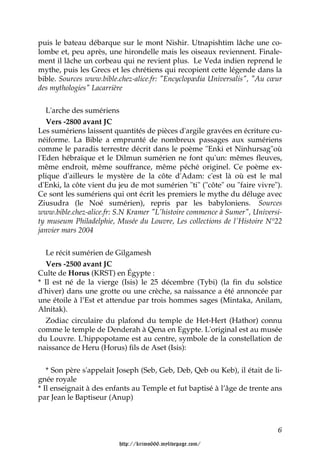 puis le bateau débarque sur le mont Nishir. Utnapishtim lâche une co-
lombe et, peu après, une hirondelle mais les oiseaux reviennent. Finale-
ment il lâche un corbeau qui ne revient plus. Le Veda indien reprend le
mythe, puis les Grecs et les chrétiens qui recopient cette légende dans la
bible. Sources www.bible.chez-alice.fr: "Encyclopædia Universalis", "Au cœur
des mythologies" Lacarrière


   L'arche des sumériens
   Vers -2800 avant JC
Les sumériens laissent quantités de pièces d'argile gravées en écriture cu-
néiforme. La Bible a emprunté de nombreux passages aux sumériens
comme le paradis terrestre décrit dans le poème "Enki et Ninhursag"où
l'Eden hébraïque et le Dilmun sumérien ne font qu'un: mêmes fleuves,
même endroit, même souffrance, même péché originel. Ce poème ex-
plique d'ailleurs le mystère de la côte d'Adam: c'est là où est le mal
d'Enki, la côte vient du jeu de mot sumérien "ti" ("côte" ou "faire vivre").
Ce sont les sumériens qui ont écrit les premiers le mythe du déluge avec
Ziusudra (le Noé sumérien), repris par les babyloniens. Sources
www.bible.chez-alice.fr: S.N Kramer "L'histoire commence à Sumer", Universi-
ty museum Philadelphie, Musée du Louvre, Les collections de l'Histoire N°22
janvier mars 2004


  Le récit sumérien de Gilgamesh
  Vers -2500 avant JC
Culte de Horus (KRST) en Égypte :
* Il est né de la vierge (Isis) le 25 décembre (Tybi) (la fin du solstice
d'hiver) dans une grotte ou une crèche, sa naissance a été annoncée par
une étoile à l’Est et attendue par trois hommes sages (Mintaka, Anilam,
Alnitak).
  Zodiac circulaire du plafond du temple de Het-Hert (Hathor) connu
comme le temple de Denderah à Qena en Egypte. L'original est au musée
du Louvre. L'hippopotame est au centre, symbole de la constellation de
naissance de Heru (Horus) fils de Aset (Isis):


   * Son père s'appelait Joseph (Seb, Geb, Deb, Qeb ou Keb), il était de li-
gnée royale
* Il enseignait à des enfants au Temple et fut baptisé à l’âge de trente ans
par Jean le Baptiseur (Anup)



                                                                          6

                         http://krimo666.mylivepage.com/
 