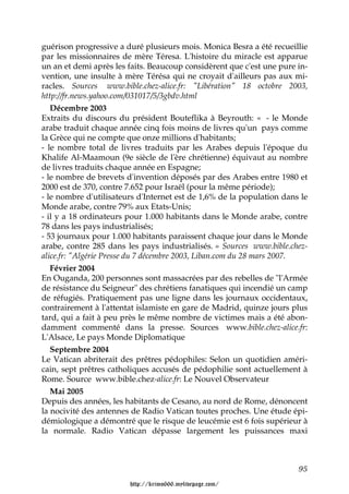 guérison progressive a duré plusieurs mois. Monica Besra a été recueillie
par les missionnaires de mère Téresa. L'histoire du miracle est apparue
un an et demi après les faits. Beaucoup considèrent que c'est une pure in-
vention, une insulte à mère Térésa qui ne croyait d'ailleurs pas aux mi-
racles. Sources www.bible.chez-alice.fr: "Libération" 18 octobre 2003,
http://fr.news.yahoo.com/031017/5/3gbdv.html
   Décembre 2003
Extraits du discours du président Bouteflika à Beyrouth: « - le Monde
arabe traduit chaque année cinq fois moins de livres qu'un pays comme
la Grèce qui ne compte que onze millions d'habitants;
- le nombre total de livres traduits par les Arabes depuis l'époque du
Khalife Al-Maamoun (9e siècle de l'ère chrétienne) équivaut au nombre
de livres traduits chaque année en Espagne;
- le nombre de brevets d'invention déposés par des Arabes entre 1980 et
2000 est de 370, contre 7.652 pour Israël (pour la même période);
- le nombre d'utilisateurs d'Internet est de 1,6% de la population dans le
Monde arabe, contre 79% aux Etats-Unis;
- il y a 18 ordinateurs pour 1.000 habitants dans le Monde arabe, contre
78 dans les pays industrialisés;
- 53 journaux pour 1.000 habitants paraissent chaque jour dans le Monde
arabe, contre 285 dans les pays industrialisés. » Sources www.bible.chez-
alice.fr: "Algérie Presse du 7 décembre 2003, Liban.com du 28 mars 2007.
   Février 2004
En Ouganda, 200 personnes sont massacrées par des rebelles de "l'Armée
de résistance du Seigneur" des chrétiens fanatiques qui incendié un camp
de réfugiés. Pratiquement pas une ligne dans les journaux occidentaux,
contrairement à l'attentat islamiste en gare de Madrid, quinze jours plus
tard, qui a fait à peu près le même nombre de victimes mais a été abon-
damment commenté dans la presse. Sources www.bible.chez-alice.fr:
L'Alsace, Le pays Monde Diplomatique
   Septembre 2004
Le Vatican abriterait des prêtres pédophiles: Selon un quotidien améri-
cain, sept prêtres catholiques accusés de pédophilie sont actuellement à
Rome. Source www.bible.chez-alice.fr: Le Nouvel Observateur
   Mai 2005
Depuis des années, les habitants de Cesano, au nord de Rome, dénoncent
la nocivité des antennes de Radio Vatican toutes proches. Une étude épi-
démiologique a démontré que le risque de leucémie est 6 fois supérieur à
la normale. Radio Vatican dépasse largement les puissances maxi



                                                                       95

                        http://krimo666.mylivepage.com/
 