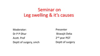 Moderator:
Dr P P Dhar
Asstt. Prof
Deptt of surgery, smch
Seminar on
Leg swelling & it’s causes
Presenter
Biswajit Deka
2nd year PGT
Deptt of surgery
 