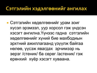  Сэтгэлийн хөдөлгөөнийг урам зоиг
хүсэл эрэмзэл, уур хорсол гэж үндсэн
хэсэгт ангилна.Үүнээс гадна сэтгэлийн
хөдөлгөөнийг хүний бие махбодиын
эрхтний ажиллагаанд үзүүлж байгаа
нөлөө, үүсэж явагдах эрчимээр нь
эерэг /стеник/ ба сөрөг /астеник/ гэж
ерөнхий хүёр хэсэгт хуваана.
 