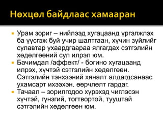  Урам зориг – нийлээд хугацаанд үргэлжлэх
ба үүсгэж буй учир шалтгаан, хүчин зүйлийг
сулавтар ухаардгаараа ялгагдах сэтгэлийн
хөдөлгөөний сул илрэл юм.
 Бачимдал /аффект/ - богино хугацаанд
илрэх, хүчтэй сэтгэлийн хөдөлгөөн.
Сэтгэлийн тэнхээний хяналт алдагдсанаас
ухамсарт ихээхэн. өөрчлөлт гардаг.
 Тачаал – зорилгодоо хүрэхэд чиглэсэн
хүчтэй, гүнзгий, тогтвортой, тууштай
сэтгэлийн хөдөлгөөн юм.
 