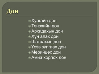 Хулгайн дон
Тэнэхийн дон
Архидахын дон
Хүн алах дон
Шатаахын дон
Үсээ зулгаах дон
Мөрийцөх дон
Амиа хорлох дон
 