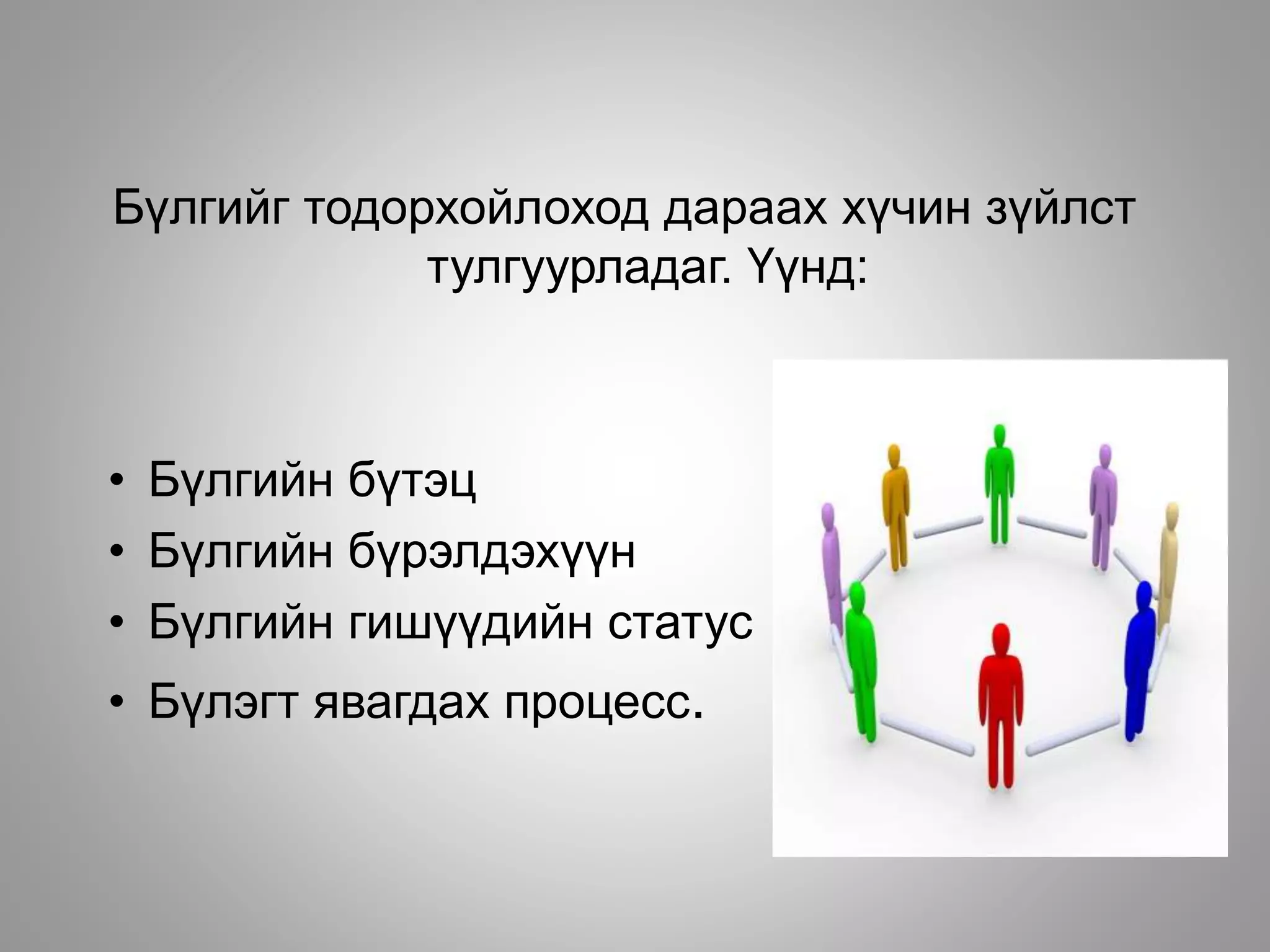 Бүлгийг тодорхойлоход дараах хүчин зүйлст
тулгуурладаг. Үүнд:
• Бүлгийн бүтэц
• Бүлгийн бүрэлдэхүүн
• Бүлгийн гишүүдийн статус
• Бүлэгт явагдах процесс.
 