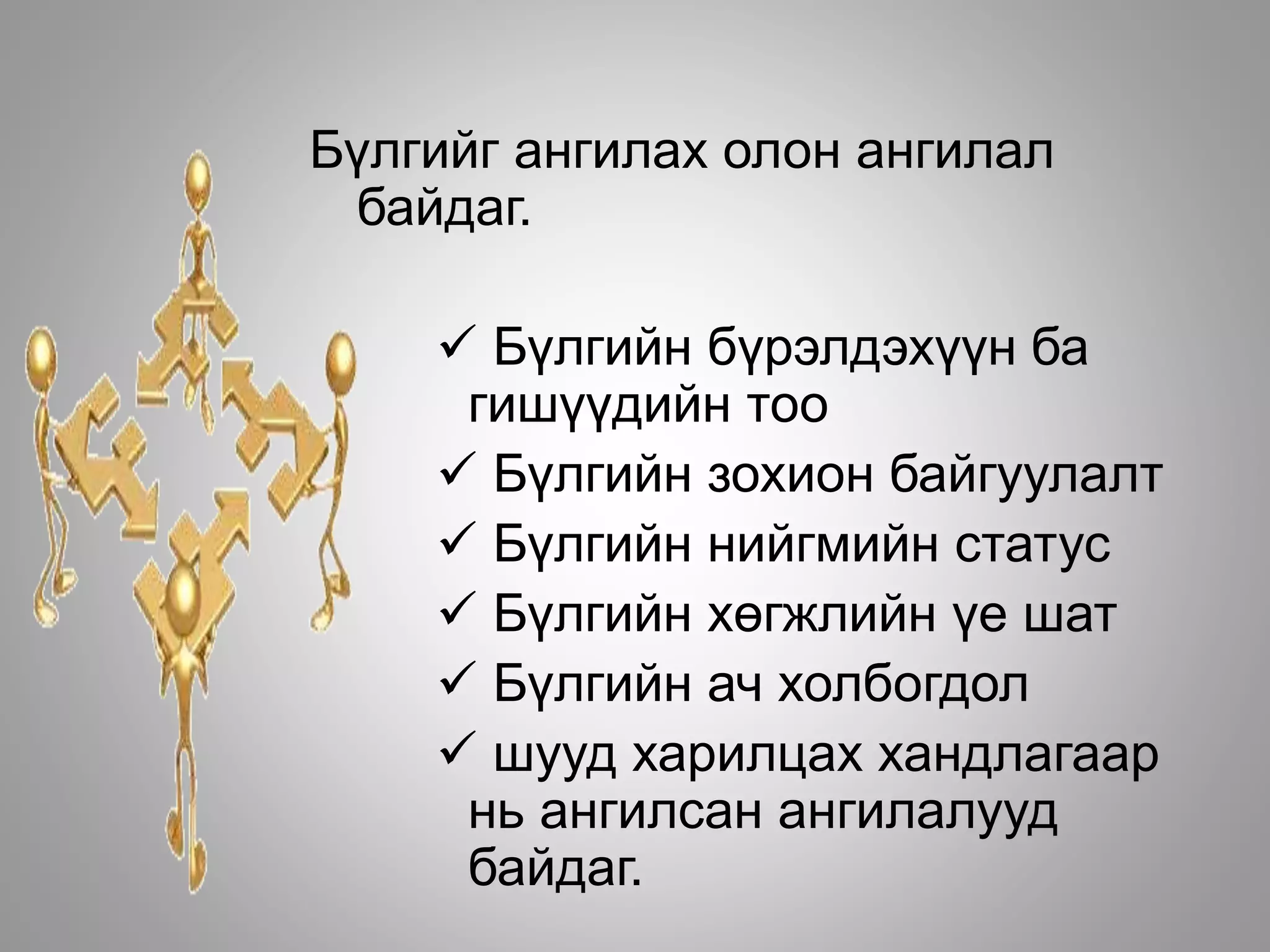 Бүлгийг ангилах олон ангилал
байдаг.
 Бүлгийн бүрэлдэхүүн ба
гишүүдийн тоо
 Бүлгийн зохион байгуулалт
 Бүлгийн нийгмийн статус
 Бүлгийн хөгжлийн үе шат
 Бүлгийн ач холбогдол
 шууд харилцах хандлагаар
нь ангилсан ангилалууд
байдаг.
 