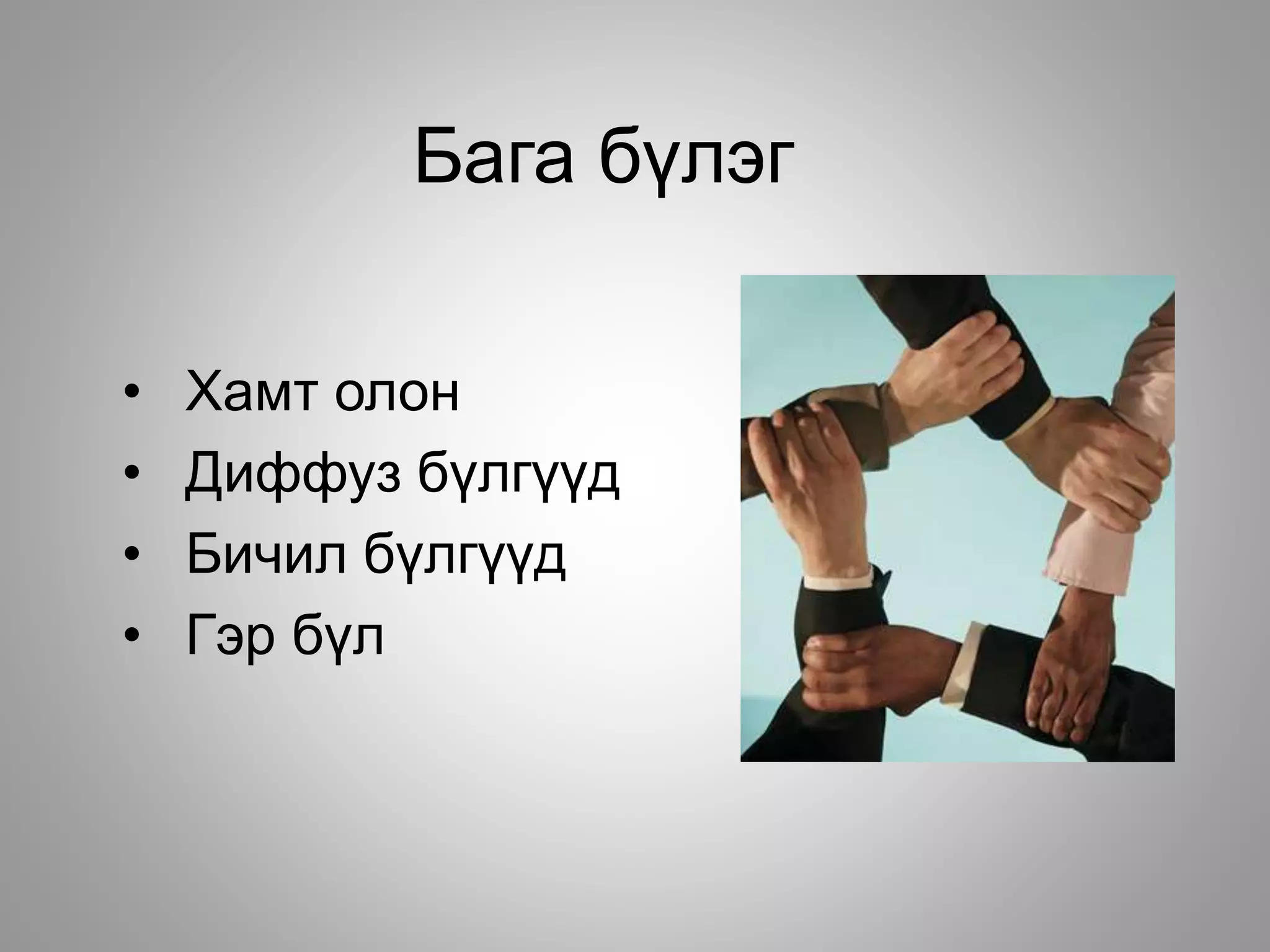 Бага бүлэг
• Хамт олон
• Диффуз бүлгүүд
• Бичил бүлгүүд
• Гэр бүл
 