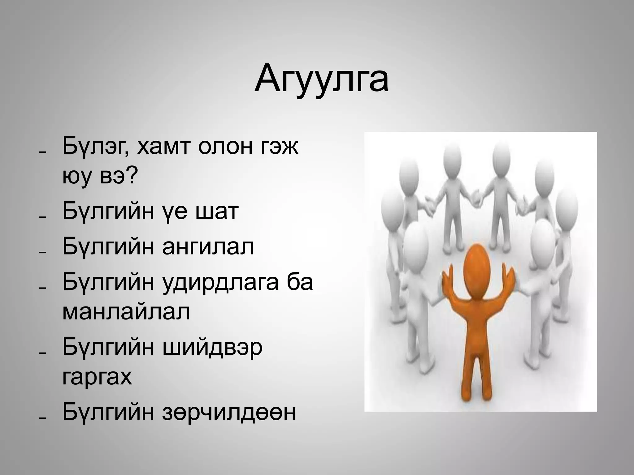 Агуулга
₋ Бүлэг, хамт олон гэж
юу вэ?
₋ Бүлгийн үе шат
₋ Бүлгийн ангилал
₋ Бүлгийн удирдлага ба
манлайлал
₋ Бүлгийн шийдвэр
гаргах
₋ Бүлгийн зөрчилдөөн
 