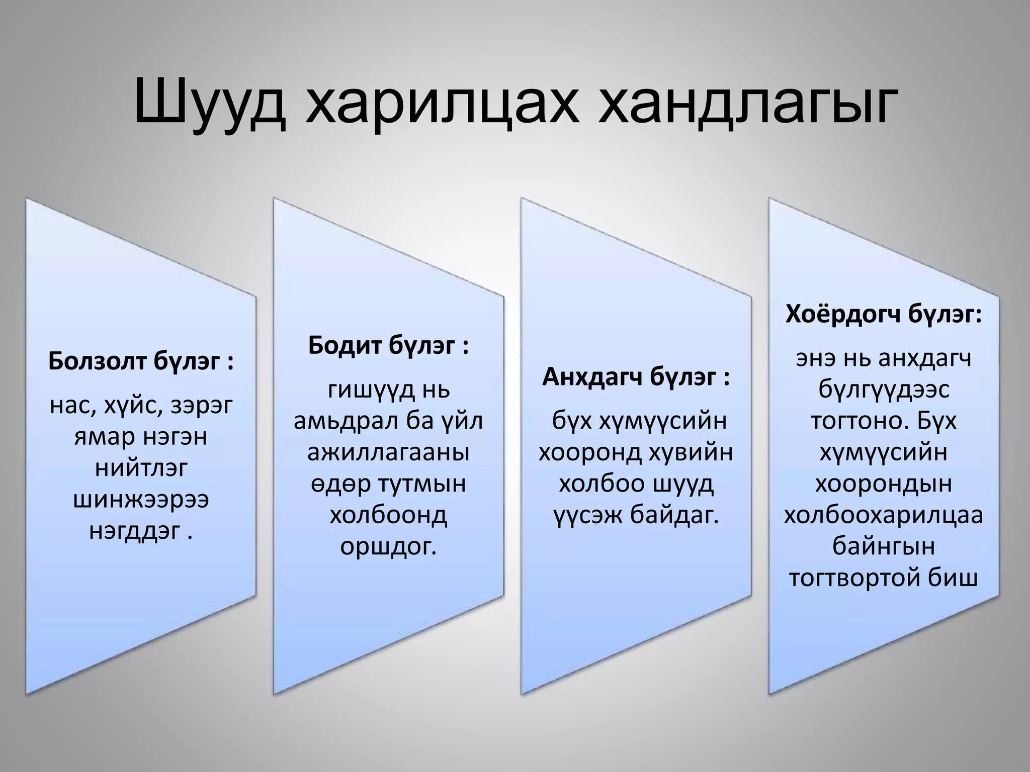 Шууд харилцах хандлагыг
Болзолт бүлэг :
нас, хүйс, зэрэг
ямар нэгэн
нийтлэг
шинжээрээ
нэгддэг .
Бодит бүлэг :
гишүүд нь
амьдрал ба үйл
ажиллагааны
өдөр тутмын
холбоонд
оршдог.
Анхдагч бүлэг :
бүх хүмүүсийн
хооронд хувийн
холбоо шууд
үүсэж байдаг.
Хоёрдогч бүлэг:
энэ нь анхдагч
бүлгүүдээс
тогтоно. Бүх
хүмүүсийн
хоорондын
холбоохарилцаа
байнгын
тогтвортой биш
 