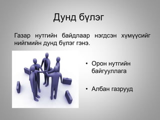 Дунд бүлэг
Газар нутгийн байдлаар нэгдсэн хүмүүсийг
нийгмийн дунд бүлэг гэнэ.
• Орон нутгийн
байгууллага
• Албан газрууд
 