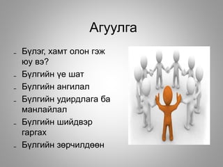 Агуулга
₋ Бүлэг, хамт олон гэж
юу вэ?
₋ Бүлгийн үе шат
₋ Бүлгийн ангилал
₋ Бүлгийн удирдлага ба
манлайлал
₋ Бүлгийн шийдвэр
гаргах
₋ Бүлгийн зөрчилдөөн
 
