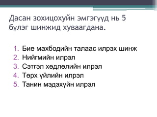 Дасан зохицохуйн эмгэгүүд нь 5
бүлэг шинжид хуваагдана.
1. Бие махбодийн талаас илрэх шинж
2. Нийгмийн илрэл
3. Сэтгэл хөдлөлийн илрэл
4. Төрх үйлийн илрэл
5. Танин мэдэхүйн илрэл
 