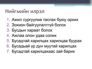 Нийгмийн илрэл
1. Ажил сургуулиа таслах буюу орхих
2. Зохион байгуулалтгүй болох
3. Бусдын хараат болох
4. Ажлаа олон удаа солих
5. Бусадтай харилцах харилцаа буурах
6. Бусадьай үр дүн муутай харилцах
7. Бусадтай харилцахаас зай барих
 