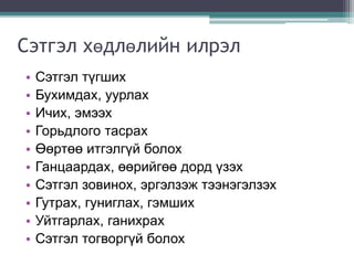 Сэтгэл хөдлөлийн илрэл
• Сэтгэл түгших
• Бухимдах, уурлах
• Ичих, эмээх
• Горьдлого тасрах
• Өөртөө итгэлгүй болох
• Ганцаардах, өөрийгөө дорд үзэх
• Сэтгэл зовинох, эргэлзэж тээнэгэлзэх
• Гутрах, гуниглах, гэмших
• Уйтгарлах, ганихрах
• Сэтгэл тогворгүй болох
 