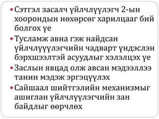 Сэтгэл засалч үйлчлүүлэгч 2-ын
хоорондын нөхөрсөг харилцааг бий
болгох үе
Тусламж авна гэж найдсан
үйлчлүүүлэгчийн чадварт үндэслэн
бэрхшээлтэй асуудлыг хэлэлцэх үе
Заслын явцад олж авсан мэдээллээ
танин мэдэж эргэцүүлэх
Сайшаал шийтгэлийн механизмыг
ашиглан үйлчлүүлэгчийн зан
байдлыг өөрчлөх
 