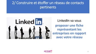LinkedIn va vous
proposer une fiche
représentant les
entreprises en rapport
avec votre réseau
2/ Construire et étoffer un réseau de contacts
pertinents
42
 