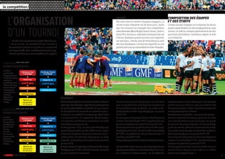 6 RUGBY À 7 LE GUIDE 2016-2017 7
7 7 7 7 7 7 7 7 7 7 7 7 7 7 7 7 7 7 7 7 7 7 7 7 7 7 7 7 7 7 7 7 7 7 7 7 7 7 7 7 7 7 7 7 7 7 7 7 7 7 7 7 7 7 7 7 7 7 7 7 7 7 7 7 7 7 7 7 7 7 7
7 7 7 7 7 7 7 7 7 7 7 7 7 7 7 7 7 7 7 7 7 7 7 7 7 7 7 7 7 7 7 7 7 7 7 7 7 7 7 7 7 7 7 7 7 7 7 7 7 7 7 7 7 7 7 7 7 7 7 7 7 7 7 7 7 7 7 7 7 7 7
7 7 7 7 7 7 7 7 7 7 7 7 7 7 7 7 7 7 7 7 7 7 7 7 7 7 7 7 7 7 7 7 7 7 7 7 7 7 7 7 7 7 7 7 7 7 7 7 7 7 7 7 7 7 7 7 7 7 7 7 7 7 7 7 7 7 7 7 7 7 7
7 7 7 7 7 7 7 7 7 7 7 7 7 7 7 7 7 7 7 7 7 7 7 7 7 7 7 7 7 7 7 7 7 7 7 7 7 7 7 7 7 7 7 7 7 7 7 7 7 7 7 7 7 7 7 7 7 7 7 7 7 7 7 7 7 7 7 7 7 7 7
7 7 7 7 7 7 7 7 7 7 7 7 7 7 7 7 7 7 7 7 7 7 7 7 7 7 7 7 7 7 7 7 7 7 7 7 7 7 7 7 7 7 7 7 7 7 7 7 7 7 7 7 7 7 7 7 7 7 7 7 7 7 7 7 7 7 7 7 7 7 7
7 7 7 7 7 7 7 7 7 7 7 7 7 7 7 7 7 7 7 7 7 7 7 7 7 7 7 7 7 7 7 7 7 7 7 7 7 7 7 7 7 7 7 7 7 7 7 7 7 7 7 7 7 7 7 7 7 7 7 7 7 7 7 7 7 7 7 7 7 7 7
7 7 7 7 7 7 7 7 7 7 7 7 7 7 7 7 7 7 7 7 7 7 7 7 7 7 7 7 7 7 7 7 7 7 7 7 7 7 7 7 7 7 7 7 7 7 7 7 7 7 7 7 7 7 7 7 7 7 7 7 7 7 7 7 7 7 7 7 7 7 7
7 7 7 7 7 7 7 7 7 7 7 7 7 7 7 7 7 7 7 7 7 7 7 7 7 7 7 7 7 7 7 7 7 7 7 7 7 7 7 7 7 7 7 7 7 7 7 7 7 7 7 7 7 7 7 7 7 7 7 7 7 7 7 7 7 7 7 7 7 7 7
7 7 7 7 7 7 7 7 7 7 7 7 7 7 7 7 7 7 7 7 7 7 7 7 7 7 7 7 7 7 7 7 7 7 7 7 7 7 7 7 7 7 7 7 7 7 7 7 7 7 7 7 7 7 7 7 7 7 7 7 7 7 7 7 7 7 7 7 7 7 7
7 7 7 7 7 7 7 7 7 7 7 7 7 7 7 7 7 7 7 7 7 7 7 7 7 7 7 7 7 7 7 7 7 7 7 7 7 7 7 7 7 7 7 7 7 7 7 7 7 7 7 7 7 7 7 7 7 7 7 7 7 7 7 7 7 7 7 7 7 7 7
7 7 7 7 7 7 7 7 7 7 7 7 7 7 7 7 7 7 7 7 7 7 7 7 7 7 7 7 7 7 7 7 7 7 7 7 7 7 7 7 7 7 7 7 7 7 7 7 7 7 7 7 7 7 7 7 7 7 7 7 7 7 7 7 7 7 7 7 7 7 7
7 7 7 7 7 7 7 7 7 7 7 7 7 7 7 7 7 7 7 7 7 7 7 7 7 7 7 7 7 7 7 7 7 7 7 7 7 7 7 7 7 7 7 7 7 7 7 7 7 7 7 7 7 7 7 7 7 7 7 7 7 7 7 7 7 7 7 7 7 7 7
la compétition
4POULESDE4 •••• •••• •••• ••••
TOURNOIÀSEIZEÉQUIPES
3POULESDE4 •••• •••• ••••
TOURNOIÀDOUZEÉQUIPES
1/2 finales Cup
1/2 finales Cup
match 3e place
match 3e place
1/2finaleCh. Tr.
1/2finaleCh. Tr.
finale Cup
finale Cup
finaleCh. Tr.
finaleCh. Tr.
match11e place
match11e place
1/4 finale Cup
1/4 finale Cup 1/4finaleCh. Tr.
Matchs de
classement
(5e à8e place)
Matchs de
classement
(5e à8e place)
Matchs de
classement
(13e à16e place)
Les deux
premiers de
chaque poule
qualifiés pour
les 1/4 finale
de Cup.
Les deux
derniers de
chaque poule
disputent
le Challenge
Trophy.
Lesdeux
premiersde
chaquepouleet
lesdeuxmeilleurs
troisièmes
qualifiéspourles
1/4finaledeCup.
Lesderniersde
chaquepoule
etlemoinsbon
troisième
disputentle
Challenge
Trophy.
VainqueurCup
1er DUTOURNOI
VainqueurCup
1er DUTOURNOI
ChallengeTrophy
9e DUTOURNOI
ChallengeTrophy
9e DUTOURNOI
L’ORGANISATION
D’UN TOURNOI
Les deux premiers de chaque poule se qualifient
pour les quarts de finale de Cup et se disputent les
huit premières places du Tournoi, les autres se dé-
partagentdansleChallengeTrophypourlesplaces
de 9e à 16e.
LesvainqueursdesquartsdefinaledeCupjouent
lesdemi-finalesdeCup(1er à4e),lesperdantsdeces
quarts se disputent les places d’honneur (5e à 8e).
Les vainqueurs des quarts de finale du Challenge
Trophyjouentlesdemi-finalesduChallengeTrophy
(9e à 12e), les perdants de ces quarts jouent pour la
treizième place (13e à 16e).
Chaqueéquipejouedonccinqàsixmatchspartournoi.
Lesecondformatlepluscourantregroupedouze
équipes(voirschémaenhautàgauche).C’estlecas
sur les Women’s Sevens Series, les compétitions
Laduréed’unerencontrederugbyà7étantdequa-
torze minutes, les compétitions ont lieu sous la
formedetournoisfaisantlapartbelleàlaconvivialité
etàl’espritdefête.Voicilesdifférentesformesd’orga-
nisationpossiblespourunecompétitionderugbyà7.
RugbyEuropeetlesJeuxOlympiques.Oncompose
parfois deux poules de six, avec qualification des
deuxpremierspourlademi-finaleetlesvainqueurs
se disputent ensuite la victoire.
Seconde formule possible, trois poules de quatre.
Les deux premiers de chaque poule et les deux
meilleurs troisièmes se qualifient pour les quarts
de finale de Cup et se disputent les huit premières
places du tournoi (Women’s Sevens Series et JO).
Les quatre autres équipes disputent des matchs du
Challenge Trophy pour les places de 9e à 12e.
Les vainqueurs des quarts de finale de Cup jouent
lesdemi-finalesdeCup(1er à4e),lesperdantsdeces
quarts se disputent les places de 5e à 8e.
Les équipes jouent donc cinq à six matchs lors d’un
tournoi à douze équipes, voire sept sur le modèle
des tournois Rugby Europe. •
DURéE
Elle varie selon le nombre d’équipes engagées. La
norme la plus fréquente est de deux jours, durée
que l’on retrouve sur la plupart des compétitions
internationales(WordRugbySevensSeries,Seven’s
Grand Prix Series) ou nationales (championnats de
France). Quelques grands tournois sont organisés
sur trois jours, comme celui de Hong-Kong ou celui
desJeuxolympiques.Lestournoisorganiséssurune
journéesontceuxquirassemblentlemoinsd’équipes.
COMPOSITION DES éQUIPES
ET DES STAFFS
Chaque équipe engagée est composée de douze
joueurs (sept titulaires et cinq remplaçants) au coup
d’envoi. Le staff se compose généralement de trois
personnes (l’entraîneur, l’entraîneur adjoint, le kiné
oulemédecin).
FORMAT
Leformatprivilégiésurlecircuitmondialmasculin
regroupeseizeéquipes,répartiesenquatrepoules
de quatre (voir schéma ci-contre). Le premier jour
de compétition est consacré aux matchs de poule,
le second aux matchs éliminatoires qui établissent
le classement final. En septembre, World Rugby a
annoncé des modifications concernant les titres
distribués sur chaque tournoi.
En Cup (places 1 à 8), les trois premières équipes
seront récompensées par des médailles (or, argent
et bronze). Le podium du tournoi se trouve ainsi va-
lorisé comme lors des Jeux Olympiques. La Plate
disparaît,remplacéepardesmatchsdeclassement
(places 5 à 8).
LeBowlchanged’appellationetdevientleChallenge
Trophy(places9à16).LeShielddisparaît,remplacé
par des matchs de classement.
 