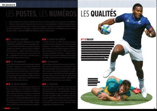 10 RUGBY À 7 LE GUIDE 2016-2017 11
LES POSTES, LES NUMÉROS, LES QUALITÉS
L
e jeu au poste à 7 se retrouve essentiellement sur les phases statiques. En compagnie de Frédéric
Pomarel, entraîneur de l’équipe de France masculine, nous présentons les différents postes dévolus
auseindechaqueéquipe,aveclenumérocorrespondant.Lejoueurderugbyà7doitrépondreàtrois
qualités incontournables : la vitesse, la capacité à enchaîner des tâches aussi différentes que courses et
combats, enfin la capacité à répéter des efforts lactiques et fractionnés.
7 7 7 7 7 7 7 7 7 7 7 7 7 7 7 7 7 7 7 7 7 7 7 7 7 7 7 7 7 7 7 7 7 7 7 7 7 7 7 7 7 7 7 7 7 7 7 7 7 7 7 7 7 7 7 7 7 7 7 7 7 7 7 7 7 7 7 7 7 7 7
7 7 7 7 7 7 7 7 7 7 7 7 7 7 7 7 7 7 7 7 7 7 7 7 7 7 7 7 7 7 7 7 7 7 7 7 7 7 7 7 7 7 7 7 7 7 7 7 7 7 7 7 7 7 7 7 7 7 7 7 7 7 7 7 7 7 7 7 7 7 7
7 7 7 7 7 7 7 7 7 7 7 7 7 7 7 7 7 7 7 7 7 7 7 7 7 7 7 7 7 7 7 7 7 7 7 7 7 7 7 7 7 7 7 7 7 7 7 7 7 7 7 7 7 7 7 7 7 7 7 7 7 7 7 7 7 7 7 7 7 7 7
7 7 7 7 7 7 7 7 7 7 7 7 7 7 7 7 7 7 7 7 7 7 7 7 7 7 7 7 7 7 7 7 7 7 7 7 7 7 7 7 7 7 7 7 7 7 7 7 7 7 7 7 7 7 7 7 7 7 7 7 7 7 7 7 7 7 7 7 7 7 7
7 7 7 7 7 7 7 7 7 7 7 7 7 7 7 7 7 7 7 7 7 7 7 7 7 7 7 7 7 7 7 7 7 7 7 7 7 7 7 7 7 7 7 7 7 7 7 7 7 7 7 7 7 7 7 7 7 7 7 7 7 7 7 7 7 7 7 7 7 7 7
7 7 7 7 7 7 7 7 7 7 7 7 7 7 7 7 7 7 7 7 7 7 7 7 7 7 7 7 7 7 7 7 7 7 7 7 7 7 7 7 7 7 7 7 7 7 7 7 7 7 7 7 7 7 7 7 7 7 7 7 7 7 7 7 7 7 7 7 7 7 7
les joueurs
7 7 7 7 7 7 7 7 7 7 7 7 7 7 7 7 7 7 7 7 7 7 7 7 7 7 7 7 7 7 7 7 7 7 7 7 7 7 7 7 7 7 7 7 7 7 7 7 7 7 7 7 7 7 7 7 7 7 7 7 7 7 7 7 7 7 7 7 7 7 7
7 7 7 7 7 7 7 7 7 7 7 7 7 7 7 7 7 7 7 7 7 7 7 7 7 7 7 7 7 7 7 7 7 7 7 7 7 7 7 7 7 7 7 7 7 7 7 7 7 7 7 7 7 7 7 7 7 7 7 7 7 7 7 7 7 7 7 7 7 7 7
7 7 7 7 7 7 7 7 7 7 7 7 7 7 7 7 7 7 7 7 7 7 7 7 7 7 7 7 7 7 7 7 7 7 7 7 7 7 7 7 7 7 7 7 7 7 7 7 7 7 7 7 7 7 7 7 7 7 7 7 7 7 7 7 7 7 7 7 7 7 7
7 7 7 7 7 7 7 7 7 7 7 7 7 7 7 7 7 7 7 7 7 7 7 7 7 7 7 7 7 7 7 7 7 7 7 7 7 7 7 7 7 7 7 7 7 7 7 7 7 7 7 7 7 7 7 7 7 7 7 7 7 7 7 7 7 7 7 7 7 7 7
7 7 7 7 7 7 7 7 7 7 7 7 7 7 7 7 7 7 7 7 7 7 7 7 7 7 7 7 7 7 7 7 7 7 7 7 7 7 7 7 7 7 7 7 7 7 7 7 7 7 7 7 7 7 7 7 7 7 7 7 7 7 7 7 7 7 7 7 7 7 7
7 7 7 7 7 7 7 7 7 7 7 7 7 7 7 7 7 7 7 7 7 7 7 7 7 7 7 7 7 7 7 7 7 7 7 7 7 7 7 7 7 7 7 7 7 7 7 7 7 7 7 7 7 7 7 7 7 7 7 7 7 7 7 7 7 7 7 7 7 7 7
N°1 LE PILIER GAUCHE
CommeauXV,iloccupelecôtégauchedelamêlée,
latêtedehors.Chargéd’assurerlaconquêtedubal-
lonsurcesmêlées.Onréserveleposteàunjoueur
plutôt grand, doté d’un potentiel force et détente.
Le plus souvent, il officie aussi comme sauteur,
aussi bien sur les touches que sur les renvois. A
XV, il présenterait le profil d’un « deuxième ligne »
ou « troisième ligne centre » aérien.
N°2 LE TALONNEUR
Joueurtrèscompletetcapabledes’adapteràtoutes
les tâches. Exemple : sur les mêlées fermées où
il doit être capable de passer en une fraction de
seconde de son rôle de talonneur à celui de demi
d’ouverture lorsqu’il se replie ! Puissant, c’est un
pilierdroitquicourtbeaucoupplus.Lifteursurtoutle
jeuaérien.AXV,ilprésenteraitleprofildutalonneur,
pilier ou troisième ligne coureur.
N°3 LE PILIER DROIT
Plus massif que son homologue à gauche. La
dominante force qui le caractérise le conduit à
produire des efforts plus importants en mêlée fer-
mée. Souvent utilisé comme lifteur sur les phases
aériennes. Compétent sur les tâches ingrates du
combatausol.Utiliséenpénétrationdanslejeu,sur
descoursesrentrantesouaxiales.Pointd’ancrage,
il se distingue par sa force de rein. A XV, il présen-
terait le profil du pilier ou troisième ligne gratteur.
N°4 LE DEMI DE MêLéE
Il introduit le ballon en mêlée et assume la charge
dulancerentouche.Relayeursurtouteslesphases
statiques, il est au départ de tous les lancements
desactionsàpartirdesmêlées,touchesourenvois.
Assume également le rôle du libéro qui assure la
couverture profonde du terrain. Il apporte la folie
etbénéficied’unegrandelibertédansseschoixde
jeu.AXV,ilprésenteraitleprofildudemidemêlée.
N°5 L’OUVREUR
Premierattaquantdelignedestrois-quarts.Ilestchar-
géd’impulserladynamiquedumouvementàl’issue
desphasesstatiques.Egalementresponsable,engé-
néral,dujeuaupied,nonpasd’occupationduterrain
commeleplussouventàXV,maisderécupérationà
partirdesrenvois.Doitêtrelucide,intelligentetdoté
desolidesqualitéstechniques.AXV,ilprésenteraitle
profildudemid’ouvertureoupremiercentre.
N°6 LE CENTRE
Deuxième attaquant de la ligne de trois-quarts.
Aussi perforateur qu’il doit être passeur. Chargé
de déplacer le ballon, il doit prendre beaucoup de
décisions.Toujoursaumilieudelaligne,ilestlaclé
de voûte du système défensif. Génère beaucoup
deduels,défensifcommeoffensif,autourdelui.Un
« killer », capable de tuer des actions adverses et
de franchir les lignes en situation offensive. A XV,
il présenterait le profil du centre.
N°7 L’AILIER
Troisièmeattaquantparmilestrois-quarts,c’estle
joueurquiévolueenboutdeligne.Positionqu’ilne
quitte pas, notamment sur les phases statiques.
Finisseur dans l’âme, il doit aussi être capable
d’assumerlerôleditdulibéroetpouvoirassu-
rerlacouverturearrièresurcertainesphases
de jeu. Le finisseur, avec un potentiel de
joueur rapide, à la vitesse extrême. À XV,
il présenterait le profil de l’ailier-arrière.
Virimi Vakatawa,
ailier de France 7,
en pleine action face
à l’Australie lors
des Jeux de Rio.
 