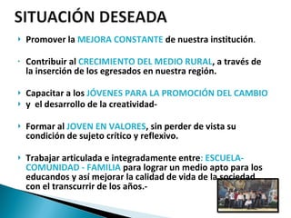 Promover la  MEJORA CONSTANTE  de nuestra institución . Contribuir al  CRECIMIENTO DEL MEDIO RURAL , a través de la inserción de los egresados en nuestra región. Capacitar a los  JÓVENES PARA LA PROMOCIÓN DEL CAMBIO y  el desarrollo de la creatividad- Formar al  JOVEN EN VALORES , sin perder de vista su condición de sujeto crítico y reflexivo. Trabajar articulada e integradamente entre : ESCUELA- COMUNIDAD - FAMILIA  para lograr un medio apto para los educandos y así mejorar la calidad de vida de la sociedad con el transcurrir de los años.-  