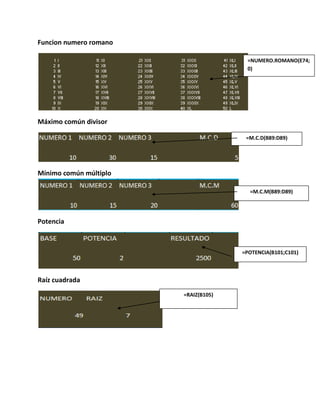 Funcion numero romano
=NUMERO.ROMANO(E74;
0)

Máximo común divisor
=M.C.D(B89:D89)

Mínimo común múltiplo
=M.C.M(B89:D89)

Potencia

=POTENCIA(B101;C101)

Raíz cuadrada
=RAIZ(B105)

 