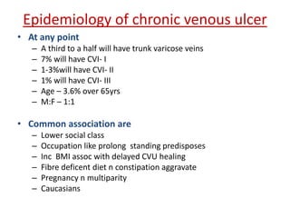 Epidemiology of chronic venous ulcer 
• At any point 
– A third to a half will have trunk varicose veins 
– 7% will have CVI- I 
– 1-3%will have CVI- II 
– 1% will have CVI- III 
– Age – 3.6% over 65yrs 
– M:F – 1:1 
• Common association are 
– Lower social class 
– Occupation like prolong standing predisposes 
– Inc BMI assoc with delayed CVU healing 
– Fibre deficent diet n constipation aggravate 
– Pregnancy n multiparity 
– Caucasians 
 