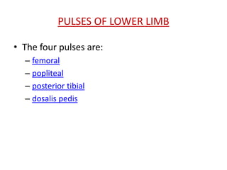 PULSES OF LOWER LIMB 
• The four pulses are: 
– femoral 
– popliteal 
– posterior tibial 
– dosalis pedis 
 