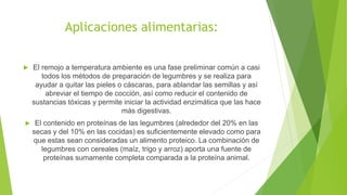 Aplicaciones alimentarias:
 El remojo a temperatura ambiente es una fase preliminar común a casi
todos los métodos de preparación de legumbres y se realiza para
ayudar a quitar las pieles o cáscaras, para ablandar las semillas y así
abreviar el tiempo de cocción, así como reducir el contenido de
sustancias tóxicas y permite iniciar la actividad enzimática que las hace
más digestivas.
 El contenido en proteínas de las legumbres (alrededor del 20% en las
secas y del 10% en las cocidas) es suficientemente elevado como para
que estas sean consideradas un alimento proteico. La combinación de
legumbres con cereales (maíz, trigo y arroz) aporta una fuente de
proteínas sumamente completa comparada a la proteína animal.
 