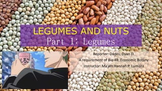 Reporter: Dades, Dyan D.
A requirement of Bio 48: Economic Botany
Instructor: Ma’am Hannah P. Lumista
LEGUMES AND NUTS
Part 1: Legumes
 