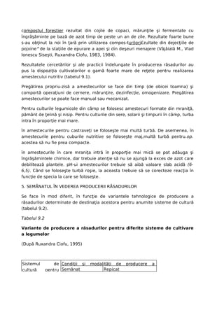 compostul forestier rezultat din cojile de copaci, mărunţite şi fermentate cu
îngrăşăminte pe bază de azot timp de peste un an de zile. Rezultate foarte bune
s-au obţinut la noi în ţară prin utilizarea compos-turilorj£zultate din dejecţiile de
pojxine^de la staţiile de epurare a apei şi din deşeuri menajere (Vâjâială M., Vlad
Ionescu Siseşti, Ruxandra Ciofu, 1983, 1984).

Rezultatele cercetărilor şi ale practicii îndelungate în producerea răsadurilor au
pus la dispoziţia cultivatorilor o gamă foarte mare de reţete pentru realizarea
amestecului nutritiv (tabelul 9.1).

Pregătirea propriu-zisă a amestecurilor se face din timp (de obicei toamna) şi
comportă operaţiuni de cernere, mărunţire, dezinfecţie, omogenizare. Pregătirea
amestecurilor se poate face manual sau mecanizat.

Pentru culturile legumicole din câmp se folosesc amestecuri formate din mraniţă,
pământ de ţelină şi nisip. Pentru culturile din sere, solarii şi timpurii în câmp, turba
intra în proporţie mai mare.

în amestecurile pentru castraveţi se foloseşte mai multă turbă. De asemenea, în
amestecurile pentru cuburile nutritive se foloseşte maj,multă turbă pentru.op.
acestea să nu fie prea compacte.

în amestecurile în care mraniţa intră în proporţie mai mică se pot adăuga şi
îngrăşămintele chimice, dar trebuie atenţie să nu se ajungă la exces de azot care
debilitează plantele. pH-ui amestecurilor trebuie să aibă valoare slab acidă (6-
6,5). Când se foloseşte turbă roşie, la aceasta trebuie să se corecteze reacţia în
funcţie de specia la care se foloseşte.

5. SEMĂNATUL ÎN VEDEREA PRODUCERII RĂSADURILOR

Se face în mod diferit, în funcţie de variantele tehnologice de producere a
răsadurilor determinate de destinaţia acestora pentru anumite sisteme de cultură
(tabelul 9.2).

Tabelul 9.2

Variante de producere a răsadurilor pentru diferite sisteme de cultivare
a legumelor

(După Ruxandra Ciofu, 1995)



Sistemul         de Condiţii şi    modalităţi de     producere    a
cultură       pentru Semănat            Repicat
 