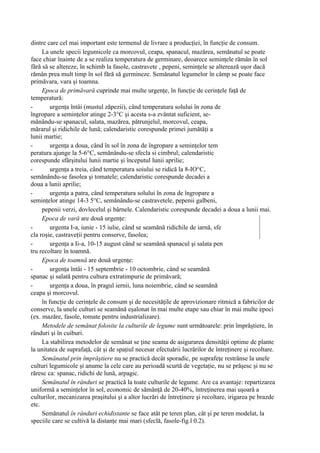 dintre care cel mai important este termenul de livrare a producţiei, în funcţie de consum.
     La unele specii legumicole ca morcovul, ceapa, spanacul, mazărea, semănatul se poate
face chiar înainte de a se realiza temperatura de germinare, deoarece seminţele rămân în sol
fără să se altereze, în schimb la fasole, castravete , pepeni, seminţele se alterează uşor dacă
rămân prea mult timp în sol fără să germineze. Semănatul legumelor în câmp se poate face
primăvara, vara şi toamna.
     Epoca de primăvară cuprinde mai multe urgenţe, în funcţie de cerinţele faţă de
temperatură:
-        urgenţa întâi (mustul zăpezii), când temperatura solului în zona de
îngropare a seminţelor atinge 2-3°C şi acesta s-a zvântat suficient, se-
mănându-se spanacul, salata, mazărea, pătrunjelul, morcovul, ceapa,
mărarul şi ridichile de lună; calendaristic corespunde primei jumătăţi a
lunii martie;
-        urgenţa a doua, când în sol în zona de îngropare a seminţelor tem
peratura ajunge la 5-6°C, semănându-se sfecla si cimbrul; calendaristic
corespunde sfârşitului lunii martie şi începutul lunii aprilie;
-        urgenţa a treia, când temperatura soiului se ridică la 8-IO°C,
semănându-se fasolea şi tomatele; calendaristic corespunde decadei a
doua a lunii aprilie;
-        urgenţa a patra, când temperatura solului în zona de îngropare a
seminţelor atinge 14-3 5°C, semănându-se castravetele, pepenii galbeni,
     pepenii verzi, dovlecelul şi bârnele. Calendaristic corespunde decadei a doua a lunii mai.
     Epoca de vară are două urgenţe:
-        urgenta I-a, iunie - 15 iulie, când se seamănă ridichile de iarnă, sfe
cla roşie, castraveţii pentru conserve, fasolea;
-        urgenţa a Ii-a, 10-15 august când se seamănă spanacul şi salata pen
tru recoltare în toamnă.
     Epoca de toamnă are două urgenţe:
-        urgenţa întâi - 15 septembrie - 10 octombrie, când se seamănă
spanac şi salată pentru cultura extratimpurie de primăvară;
-        urgenţa a doua, în pragul iernii, luna noiembrie, când se seamănă
ceapa şi morcovul.
     în funcţie de cerinţele de consum şi de necesităţile de aprovizionare ritmică a fabricilor de
conserve, la unele culturi se seamănă eşalonat în mai multe etape sau chiar în mai multe epoci
(ex. mazăre, fasole, tomate pentru industrializare).
     Metodele de semănat folosite la culturile de legume sunt următoarele: prin împrăştiere, în
rânduri şi în cuiburi.
     La stabilirea metodelor de semănat se ţine seama de asigurarea densităţii optime de plante
la unitatea de suprafaţă, cât şi de spaţiul necesar efectuării lucrărilor de întreţinere şi recoltare.
     Semănatul prin împrăştiere nu se practică decât sporadic, pe suprafeţe restrânse la unele
culturi legumicole şi anume la cele care au perioadă scurtă de vegetaţie, nu se prăşesc şi nu se
răresc ca: spanac, ridichi de lună, arpagic.
     Semănatul în rânduri se practică la toate culturile de legume. Are ca avantaje: repartizarea
uniformă a seminţelor în sol, economic de sămânţă de 20-40%, întreţinerea mai uşoară a
culturilor, mecanizarea praşitului şi a altor lucrări de întreţinere şi recoltare, irigarea pe brazde
etc.
     Semănatul în rânduri echidistante se face atât pe teren plan, cât şi pe teren modelat, la
speciile care se cultivă la distanţe mai mari (sfeclă, fasole-fig.l 0.2).
 