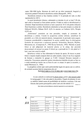cupru 500-1000 kg/ha. Bromura de metil are un efect nematocid, fungicid şi
 insecticid, putând fi folosită la dezinfectia solului (BenquetD., 1993).
      Dezinfectia termică se face înaintea ciclului 11 în perioada de vară, cu abur
 supraîncălzit la 140^C.
     în cazul dezinfecţiei chimice, substanţele se introduc în sol, se lasă 7-20 zile,
apoi solul se lucrează cu freza pentru aerisire. O dată cu solul se dezinfectează şi
scheletul. După dezinfectia termică se lasă o pauză de 10-12 zile pentru refacerea
florei bacteriene a solului. Dezinfectia scheletului se face prin stropire cu soluţii de
Orthocid 50-0,4%, Dithane M-45 -0,4% în amestec cu Carbetox 0,6%, Wespin
0,25% etc.
     „Solarizarea" constituie un nou procedeu, simplu şi economic de
dezinfecţie a solului. Constă în acoperirea solului infestat, umidificat în
prealabil, cu o folie de material plastic, transparentă, în perioada iunie-august.
Creşterea considerabilă a temperaturii în aceste condiţii duce la distrugerea
formelor de conservare a numeroşi paraziţi: Sclerotinia, Botrytis, Phythiu,
Rhizotonia etc. (Camporota P., 1986 Revue horticole, 1992). Metoda se poate
folosi şi sub adăposturi de material plastic şi în câmp, dar prezintă
dezavantajul că terenul nu poate fi folosit pe o perioadă de 21 zile până la 2
luni, cum este cazul la salată.
     hfiodelarea solului se face diferenţiat în funcţie de specie. Pe travee se poate
folosi o maşină simplă compusă dintr-un cadru metalic, rariţe (2 sau 4) şi organele
de formare a straturilor în agregat cu V-445. Urmează finisarea manuală a
straturilor. Executarea şanţurilor pentru introducerea balotilor de paie se face cu
o rariţă montată pe tractor sau cu freza la care s-a ataşat, în spate şi excentric, o
rariţă (Marinescu A., 1986).
     La pregătirea solului apar unele particularităţi legate de specia care se cultivă,
de cerinţele acesteia faţă de temperatura din sol.
                           ÎNFIINŢAREA CULTURILOR LEGUMICOLE ÎN

              în sere culturile se realizează în două cicluri: ciclul 1 din ianuarie până
         în iunieji ciclul 11 din iulie până în decembrie. Etapele de plantare în sere
         se stabilesc ţinând seama de posibilităţile de încălzire a acestora. Cele mai
         folosite date pentru principalele culturi sunt cele din tabelul 12.1. Tabelul 12.1
                           Date tehnice privind înfiinţarea culturilor legumicole în serele industriale




c        Cultura                           Data plantării       Data defrişării   Nr. rânduri/
                                                                                    travea
                                                                                                  Desimea mii/pl/ha


         Tomate ciclu I                    5 1-5 II             30 VI-5 VII            4                  32-36
AM       Tomate ciclu II                   20-30 VII            20-25 VI               4                  32-36
         Castraveţi ciclul I               15-31 I               1 VII                 2                  16-18

         Castraveţi ciclul II              1-5 VIII             1 IX                  2                   16-18
         Castraveţi cornişon ciclul II     1-5 VII              15-20X                 3                  24
 