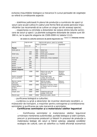 evitarea impurităţilor biologice şi mecanice în cursul perioadei de vegetaţie
se referă la următoarele aspecte:


     - stabilirea judicioasă în planul de producţie a numărului de specii şi
soiuri care se pot cultiva în cadrul unei ferme fără să existe pericolul impu-
rificărilor (se recomandă să se cultive un singur soi din aceeaşi specie);
     - respectarea cu stricteţe a distantelor de izolare dintre loturile semin-
cere de soiuri şi specii. La plantele autogame distanţele de izolare sunt 50-
300 m, iar la speciile alogame de 1500-2000 m( tabelul 13.2).
                                                                                      Tabelul 13.2 Distanţe minime
                de izolare la culturile semincere de plante legumicole (m)

Specia               Faţă de alte          Faţă de alte genuri, specii şi varietăţi
                                    Distan Cultivate                        Spontane
                     soiuri ale     ţa
                     aceleiaşi
Plante
autogame
Ardei gras şi                       800       Ardei iute                    -
gogoşar                     100     300       Ardei lung                    -
Ardei lung                  300     300       Ardei gras şi gogoşar         -
                                    800       Ardei iute                    -
Ardei iute                  300     800       Ardei gras, lung şi gogoşar   -
Tomate                      50      -         -                             -
Vinete                      100     -         -                             -
Salată                      200     -         -                             -
Bame                        500     -         -                             -
Mazăre, fasole              100                                             -
Plante alogame
Ridichi                     1500    1500      Ridichi de lună, de           Brassica
                                              vară şi de iarnă              Sinapis
                                              (între ele)                   Raphanu
Varză, conopidă,            2000    2000      Varză albă, roşie,            s
                                                                            Idem
gulii şi gulioare                             creaţă, de frunze, de
                                              Bruxelles Conopidă şi
Morcov, ţelină,             1500    1500      gulii (între ele)
                                              Morcov furajer,               Daucus
pătrunjel,                                   pătrunjel pentru               Pastinac
păstârnac
Castraveţi,                 2000    2000     frunze
                                             Dovlecei şi dovleci (între     a
pepeni galbeni                               ei) Pepeni verzi şi furajeri
şi verzi,                                    (între ei)
dovlecei şi
Spanac                      1500    1500     -                              -
Ceapă, praz                 2000    2000     Ceapă de apă şi de             -
                                             arpagic (între ele)
Sfeclă roşie                2000    2000      Sfeclă de zahăr, sfeclă
                                              furajeră
   - purificarea biologică a culturilor;
   - curăţirea cu grijă a obiectelor de inventar destinate recoltării, a
mijloacelor de transport, a maşinilor pentru extragerea şi condiţionarea
seminţelor şi purificarea pe cale mecanică a seminţelor.
-     Certificarea seminţelor şi a materialului săditor legumicol

          -     Certificarea seminţelor si materialului săditor legumicol
          urmăreşte menţinerea autenticităţii, purităţii biologice şi stării sanitare,
          precum şi promovarea producerii şi folosirii în procesul de producţie a
          materialului biologic din soiuri şi hibrizi valoroşi, adaptaţi condiţiilor
          ecologice de cultură, care să valorifice cu înaltă eficienţă economică
 