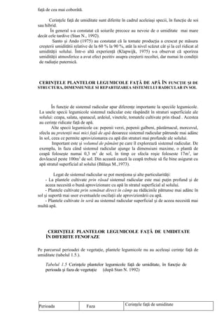 faţă de cea mai coborâtă.

       Cerinţele faţă de umiditate sunt diferite în cadrul aceleiaşi specii, în funcţie de soi
sau hibrid.
       În general s-a constatat că soiurile precoce au nevoie de o umiditate mai mare
decât cele tardive (Stan N., 1992).
         Santo şi Ando (1975) au constatat că la tomate producţia a crescut pe măsura
 creşterii umiditătii relative de la 60 % la 90 %, atât la nivel scăzut cât şi la cel ridicat al
 umidităţii solului. Într-o altă experienţă (Klapwijk, 1975) s-a observat că sporirea
 umidităţii atmosferice a avut efect pozitiv asupra creşterii recoltei, dar numai în condiţii
 de radiaţie puternică.



 CERINŢELE PLANTELOR LEGUMICOLE FAŢĂ DE APĂ ÎN FUNCŢIE ŞI DE
STRUCTURA, DIMENSIUNILE SI REPARTIZAREA SISTEMULUI RADICULAR IN SOL



        În funcţie de sistemul radicular apar diferenţe importante la speciile legumicole.
La unele specii legumicole sistemul radicular este răspândit în straturi superficiale ale
solului: ceapa, salata, spanacul, ardeiul, vinetele, tomatele cultivate prin răsad . Acestea
au cerinţe ridicate faţă de apă.
        Alte specii legumicole ca: pepenii verzi, pepenii galbeni, păstârnacul, morcovul,
sfecla au pretenţii mai mici faţă de apă deoarece sistemul radicular pătrunde mai adânc
în sol, ceea ce permite aprovizionarea cu apă din straturi mai profunde ale solului.
         Important este şi volumul de pământ pe care îl explorează sistemul radicular. De
exemplu, în faza când sistemul radicular ajunge la dimensiuni maxime, o plantă de
ceapă foloseşte numai 0,3 m3 de sol, în timp ce sfecla roşie foloseste 17m3, iar
dovleacul peste 100m3 de sol. Din această cauză la ceapă trebuie să fie bine asigurat cu
apă stratul superficial al solului (Bălaşa M.,1973).

          Legat de sistemul radicular se pot menţiona şi alte particularităţi:
     - La plantele cultivate prin răsad sistemul radicular este mai puţin profund şi de
     aceea necesită o bună aprovizionare cu apă în stratul superficial al solului.
     - Plantele cultivate prin semănat direct în câmp au rădăcinile pătrunse mai adânc în
sol şi suportă mai usor eventualele oscilaţii ale aprovizionării cu apă.
     - Plantele cultivate în seră au sistemul radicular superficial şi de aceea necesită mai
multă apă.




     CERINŢELE PLANTELOR LEGUMICOLE FAŢĂ DE UMIDITATE
    ÎN DIFERITE FENOFAZE

Pe parcursul perioadei de vegetaţie, plantele legumicole nu au aceleaşi cerinţe faţă de
umiditate (tabelul 1.5.).

    Tabelul 1.5 Cerinţele plantelor legumicole faţă de umiditate, în funcţie de
    perioada şi faza de vegetaţie (după Stan N. 1992)




Perioada                     Faza                   Cerinţele faţă de umiditate
 