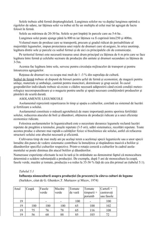 Solele trebuie aibă formă dreptunghiulară. Lungimea solelor nu va depăşi lungimea optimă a
rigolelor de udare, iar lăţimea solei va trebui să fie un multiplu al celui mai lat agregat de lucru
folosit în fermă.
     Solele au mărimea de 20-30 ha. Solele se pot împărţi în parcele care au 5-6 ha .
     Lungimea solei poate ajunge până la 800 m iar lăţimea va fi cuprinsă între250 şi 400m.
     Volumul mare de produse care se transportă, precum şi gradul ridicat de perisabilitate al
majorităţii legumelor, impun proiectarea unei reţele de drumuri care să asigure, în orice anotimp,
legătura dintre sole şi parcele cu sediul fermei şi de aici cu principalele căi de comunicaţie.
     Pe teritoriul fermei este necesară trasarea unui drum principal cu lăţimea de 6 m prin care se face
legătura între fermă şi celelalte sectoare de producţie din unitate şi drumuri secundare cu lăţimea de
3-5m.
     Acestea fac legătura între sole, servesc pentru circulaţia mijloacelor de transport şi pentru
întoarcerea agregatelor.
     Reţeaua de drumuri nu va ocupa mai mult de 1 -3 % din suprafaţa de cultură.
Sediul de fermă trebuie să dispună de birouri pentru şeful de fermă şi economist, de magazii pentru
utilaje, materiale şi ambalaje, cantină pentru muncitori, dormitoare şi grup social. În cazul
gospodăriilor individuale trebuie să existe o clădire necesară adăpostirii când există condiţii meteo-
rologice necorespunzătoare şi o magazie pentru unelte şi spaţii necesare condiţionării produselor şi
păstrării de scurtă durată.
     ASOLAMENTE LEGUMICOLE
     Asolamentul reprezintă repartizarea în timp şi spaţiu a culturilor, corelată cu sistemul de lucrări
şi fertilizare a solului.
     Asolamentul constituie o măsură agrotehnică de mare importanţă pentru sporirea fertilităţii
solului, reducerea atacului de boli şi dăunători, obţinerea de producţii ridicate şi a unei eficienţe
economice ridicate.
     Folosirea asolamentelor în legumicultură este o necesitate deoarece legumele reclamă lucrări
repetate de pregătire a terenului, praşile repetate (3-5 ori), udări sistematice, recoltări repetate. Toate
acestea produc o alterare mai rapidă a calităţilor fizice si biochimice ale solului, astfel că refacerea
structurii solului este absolut necesară şi eficientă.
     Cultivarea timp de mai mulţi ani pe acelaşi teren a aceloraşi specii legumicole sau a unor specii
înrudite din punct de vedere sistematic contribuie la înmulţirea şi răspândirea masivă a bolilor şi
dăunătorilor specifici culturilor respective. Printr-o rotaţie corectă a culturilor în cadrul asola-
mentului se poate diminua din atacul bolilor şi dăunătorilor.
Numeroase experienţe efectuate la noi în tară şi în străinătate au demonstrat faptul că monocultura
determină o scădere substanţială a producţiei. De exemplu, după 5 ani de monocultura la ceapă,
fasole verde, mazăre şi tomate, producţia s-a redus la 35-36 % faţă de cea din primul an (tabelul 5.1).

    Tabelul 5.1
    Influenţa nionoculturii asupra producţiei (în procente) la câteva culturi de legume
    (Surlekov, citat de G. Ghenkov,T. Murtazov şi Micov, 1974)

Anul      Ceapă      Fasole      Mazăre      Tomate      Tomate     Cartofi +
                     verde       verde       de vară     timpurii + castraveţi
                                                         porumb     sau fasole
    19                    -           -           100         -            100
    19        100         100         100         65          100          102
    19        75          76          78          65          116          108
    19        56          68          88          85          103          72
 