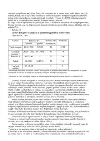 susţinute pe spalier se pot cultiva fie speciile enumerate, fie şi tomate pitice, ardei, vinete, varză de
toamnă, ridichi, sfeclă roşie. Între rândurile de castraveţi susţinute pe spalier se pot cultiva tomate
pitice, ardei, vinete, fasole oloagă, castraveţi pe sol etc. (Voican V., 1988). Culturile perene în
primii ani se pretează la culturi asociate de fasole, tomate, ardei etc.
Pe lângă culturile legumicole asociate se pot folosi şi asocieri cu alte culturi, de exemplu porumbul,
floarea soarelui, sorg etc. în prima parte putându-se cultiva asociat salată, spanac, ridichi de lună etc.
(tabelul 5.6).
     Tabelul 5.6
     Culturi de legume intercalate tn porumb (în grădini şi microferme)
     (după StanN., 1992)

        Cultura                Perioada de                 Distanţa între       Producţia
                            semănat      plantat              plante
                                                           pe rând (cm)           (t/ha)

     Varză timpurie       20.01 -5.02         5-20.03             40              10-12

      Conopidă           20.01 - 10.02 15 - 30.03                 40                7-8
      timpurie x'
      Porumb xx)            15 -20.04             -               20                7-8

         Salată             10-15.02         10-15.03             20                5-6

       Fasole de           20 - 30.04             -                5                 8
        grădină
x
 Porumbul se seamănă la 90 cm între rânduri. Între rândurile de porumb se intercalează câte două rânduri de legume
distanţate la 70 cm unul de altul (varză, conopidă, salată) sau 30 cm (fasole de grădină)
xx
    ) Culturile de varză şi conopidă timpurie se înfiinţează prin răsad repicat în cuburi nutritive cu latura de 5 cm.

     Culturile asociate de legume în solarii şi sere-solar. Aceste construcţii necesită cheltuieli mari,
de aceea trebuie folosite cât mai intensiv, o cale foarte eficientă fiind folosirea culturilor asociate.
Trebuie avut în vedere că speciile legumicole cu cea mai mare pondere în solarii sunt: tomatele,
castraveţii, ardeiul, vinetele, fasolea urcătoare, pepenii galbeni. În cazul acestor culturi cu talie
înaltă, se obţin rezultate bune la culturile asociate, atunci când acestea sunt efectuate primăvara
devreme, uneori fiind înfiinţate chiar înaintea culturilor de bază. În acelaşi scop trebuie folosite
specii legumicole cu perioadă scurtă de vegetaţie sau să se aplice metode de cultură care să scurteze
perioada de timp de la înfiinţarea culturilor asociate până la recoltare.
     Pentru asociere, în solarii, se pot folosi: salata de căpăţână, spanacul, ceapa verde, ridichi de
lună, pătrunjel pentru frunze, mărar, gulioare. Scurtarea perioadei de timp până la recoltare se
asigură prin folosirea răsadurilor repicate în cuburi nutritive (salată, gulie, varză timpurie, conopidă
timpurie) şi prin folosirea materialului de plantat vegetativ: arpagic şi bulbi mici pentru obţinerea de
ceapă verde, bulbi de usturoi, rădăcini mici de pătrunjel pentru frunze etc.
Schemele de înfiinţare a culturilor vizează folosirea cât mai completă a suprafeţei utile, folosindu-se
în acest scop atât intervalul dintre rândurile de ia cultura de bază, cât şi la cele asociate .
     Culturi asociate de legume în sere. În sere se cultivă cu prioritate tomatele şi castraveţii.
Tomatele se pretează mai bine pentru culturi asociate, deoarece majoritatea speciilor folosite în
asociaţii au cerinţe moderate şi reduse faţă de căldură.
     Pentru asociere se folosesc cu precădere salata pentru căpâţână, gulioarele, spanacul, ceapa de
arpagic, usturoi verde, ardei iute, mărar, pătrunjel pentru frunze.
Tomatele se pot asocia cu salata şi alte verdeţuri sub registre (mărar, pătrunjel) .
Castraveţii se pot asocia şi cu tomatele. Pe intervalul dintre rândurile de castraveţi se cultivă un rând
de tomate care se vor cârni la 4 inflorescenţe. Până ce castraveţii cresc şi încep să umbrească se
 