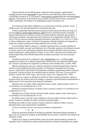 Gelurile utilizate sunt de diferite tipuri: alginat de sodiu (Agrigel), argilă sintetică
(laponit), polimer acrilic (permasoH.9), agar sau derivat de hidroxietil celuloz? (natrosol).
Concentraţia variază de la 5 la 20 grame/l. Natura gelului şj.mnrefrafiajin pot influentajaşârirea
plantelor. Gelul trebuie să fie destul de vâscos pentru a proteja în mod eficace seminţele în
timpul semănatului, dar trebuie să se răspândească rapid în sol pentru a nu

     fi un obstacol al dezvoltării rădădniloi.şi_a se transio«na~ia-SLtare_gazoasă. Aceste
calităţi se pare că le prezintă laponitul în concentraţie de 1-2%.
     Tehnica semănatului fluid favoriează rezultate mai bune decât alte tehnici de câmp, în
privinţa grăbirii şi uniformităţii răsăritului. Implică însă în momentul începerii umectării
alegerea datei precise de semănat. în cazul care trebuie întârziat semănatul, pare posibilă
conservarea seminţelor, deja germinate, prin expunerea lor la temperaturi coborâte. Price şi
Gray (1978) au conservat seminţe germinate de tomate si ardei între 2 si 12 zile la 5°C, fără a
se observa diminuarea vigorii. în gel pot fi încorporate substanţe fertilzante sau fungicide cu
scopul de a stimula şi proteja dezvoltarea plantelor (Peri şi Feder, 1981).
     în cazul aplicării tehnicii „plug-mix", seminţele germinază într-o anumită cantitate de
pământ sau de turbă, care apoi sunt distribuite în sol. Rezultate optime au fost obţinute la salată
şi cicoare, specii la care germinaţia seminţelor într-un amestec de turbă şi perlit a permis o
creştere importantă a vigorii plantelor (Togoni şi Teşi, 1981). Utilizarea unui substrat solid
pentru pregerminare face dificială repartizarea seminţelor germinate, care este mai puţin
uniformă.
     Cercetătorii americani au combinat la ardei „fiuid-driliing"-ul cu ..piUB^m^x/Mjj
ajungând la concluzia că se măreşte timpurietatea, răsărirea este mai uniformă, plantele sunt
mai viguroase, densitatea este asigurată, iar producţia creşte (lonathan R.S. şi colab. 1988).
     Metoda semănatului în gel este o tehnică nouă pentru seminţele pregerminate. Gelul are
rolul de a proteja rădăcinile de răniri mecanice. Se foloseşte la seminţele mici de tomate,
morcov, ceapă, telină. Gelul folosit la încorporarea seminţelor pregerminate trebuie să fie uşor
de preparat, suficient de fluid, să nu producă răniri la seminţe, să fie inert. Cel mai mult se
folosesc: Laponit 445 şi 508, Liqua - gel şi N-gel (Lorenz A.O., Maynard N.D., 1988).
     Adâncimea de semănat se stabileşte în funcţie de felul şi mărimea seminţelor, natura şi
însuşirile fizice ale solului şi epoca de semănat. în general se apreciază drept corespunzătoare o
adâncime de 8-10 ori mai mare decât diametrul seminţelor.
     Seminţele mici, de salată, cimbru, pătrunjel, busuioc, mărar, ceapă ceaclama, morcov se
vor introduce în soi la adâncimea de 1-2 cm.
     Seminţele de mărime mijlocie, de spanac, bame, castraveţi, tomate se vor introduce în sol
la adâncime de 2-3 cm.
     Seminţele mari, de bob, dovleac, dovlecel, fasole, mazăre, pepene verde, sfeclă roşie se
vor introduce în sol la adâncimea de 3-5 cm.
     Pe solurile uşoare si pe cele uscate semănatul se face mai adânc decât pe solurile grele şi
umede. Toamna se seamănă mai adânc, primăvara mai puţin adânc.
Semănatul prea adânc la unele seminţe cu putere redusă de străbatere (salata, cicoarea,
pătrunjel) poate cauza compromiterea semănăturii.
     Norma de sămânţă la hectar sau norma de semănat se determină în
     *~ .                .' T- ■        ,
     funcţie de densitatea plantelor la unitatea de suprafaţă. Densitatea plantelor depinde de
specie, de soi, de epoca de semănat, de posibilităţile de mecanizare a lucrărilor din cultură şi de
fertilitatea solului.
     Trebuie să se asigure în cadrul fiecărei culturi un număr optim de plante la unitatea de
suprafaţă. Poate fi considerat ca optim numărul de plante la unitatea de suprafaţă care asigură
 